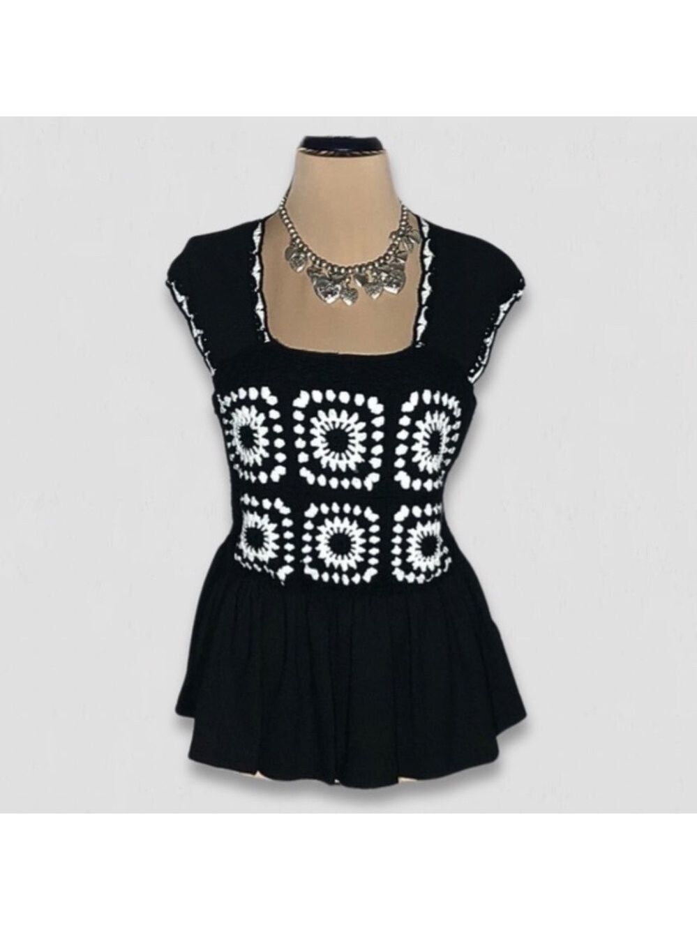 Trendmates Peplum Top Crochet Black and White Small Medium
